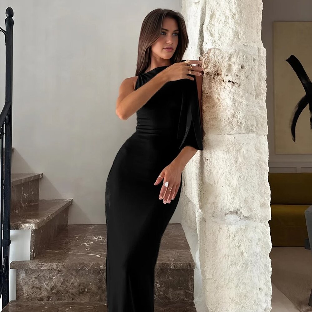 Commense One-Shoulder Black Gown – Size L | Sleek, New With Tags